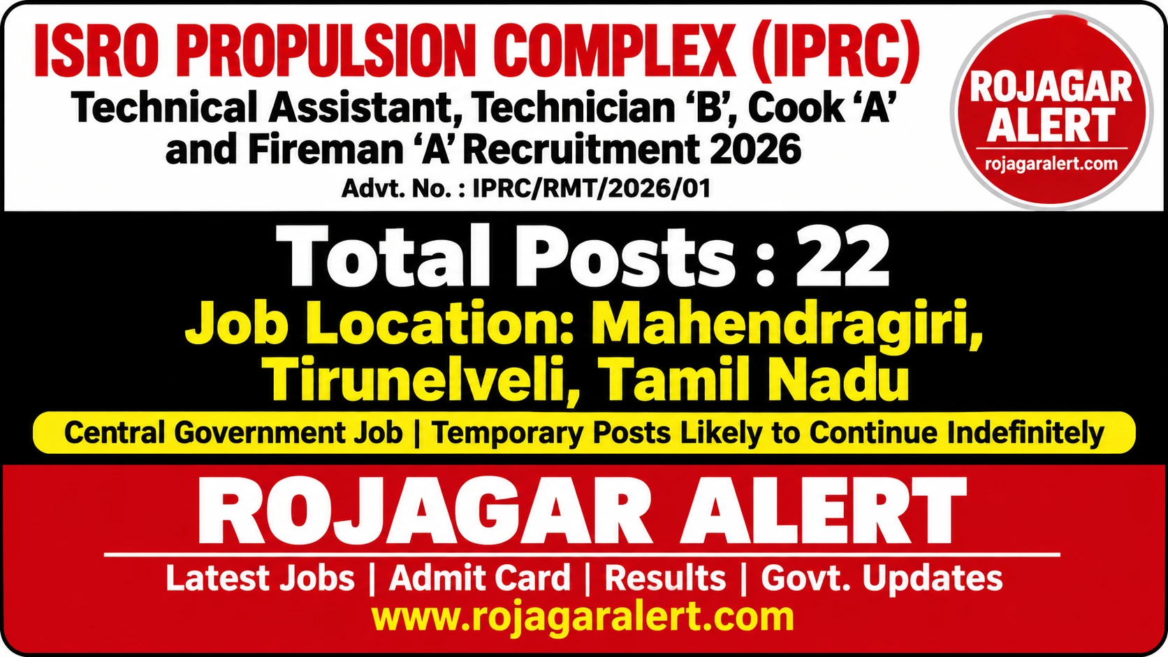 ISRO IPRC Recruitment 2026: 10वीं, ITI और Diploma वालों के लिए 22 पद, आवेदन शुरू 1 ISRO IPRC Recruitment 2026 for 22 Technician and Technical Assistant Posts